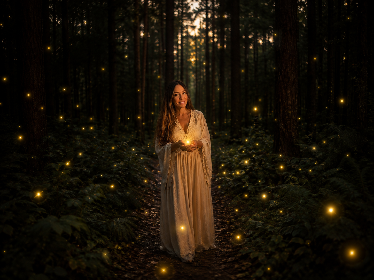 Retrato de la mentora sosteniendo una luz entre luciérnagas en el bosque